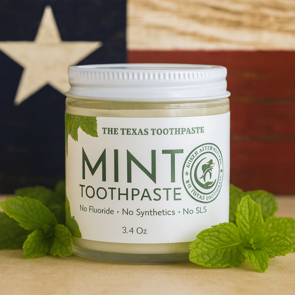 Jar of 'The Texas Toothpaste' mint toothpaste with mint leaves on a wooden surface and American flag in the background.
