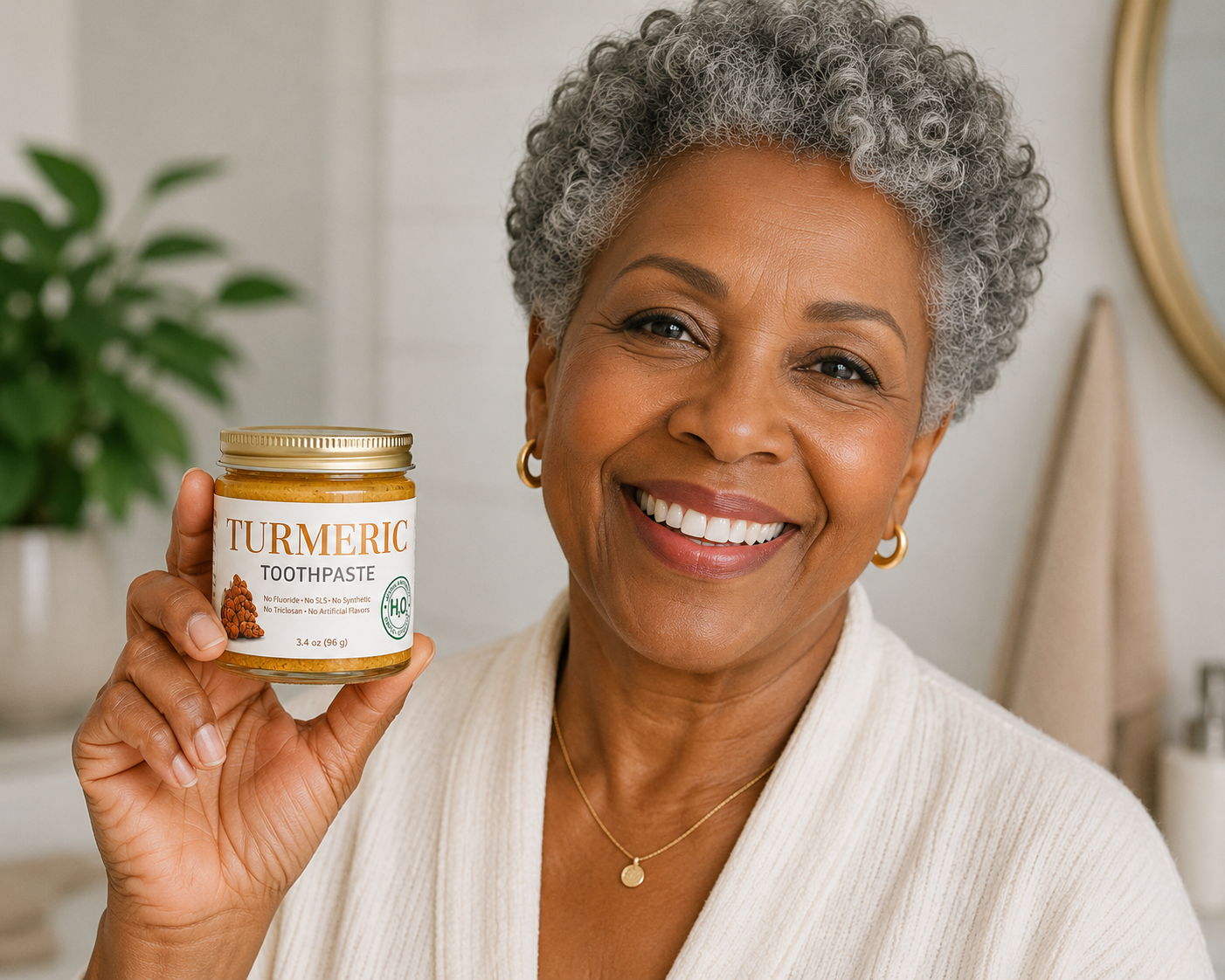 Woman holding a jar of turmeric toothpaste in a bathroom setting