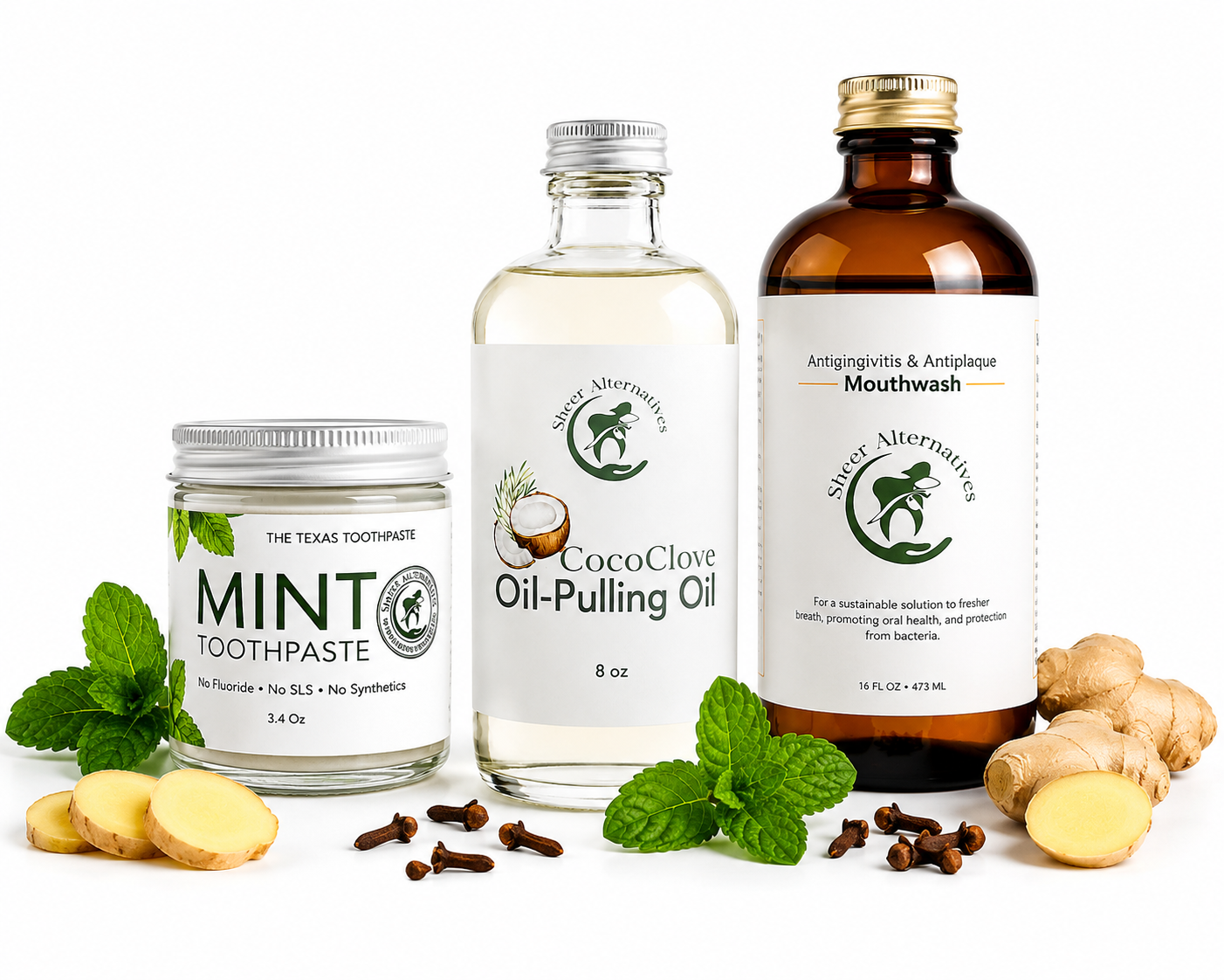 Collection of natural health products including a toothpaste jar, oil-pulling oil bottle, mouthwash bottle, and ginger root on a white background.