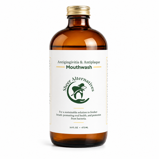 Brown bottle of Sheer Alternatives mouthwash on a white background