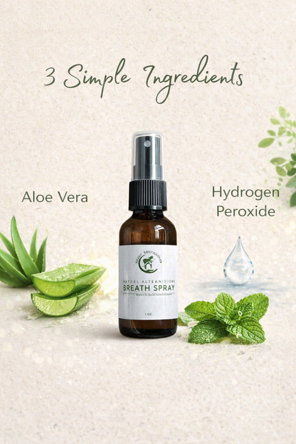 Bottle of breath spray with aloe vera and hydrogen peroxide on a light background