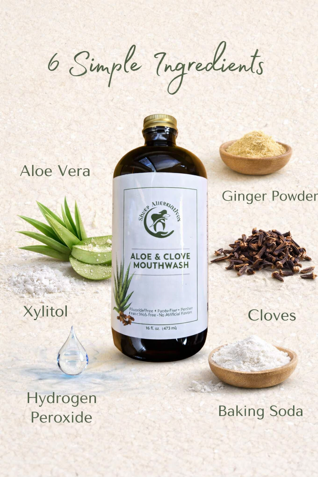 Bottle of aloe and clove mouthwash with ingredients displayed on a light background