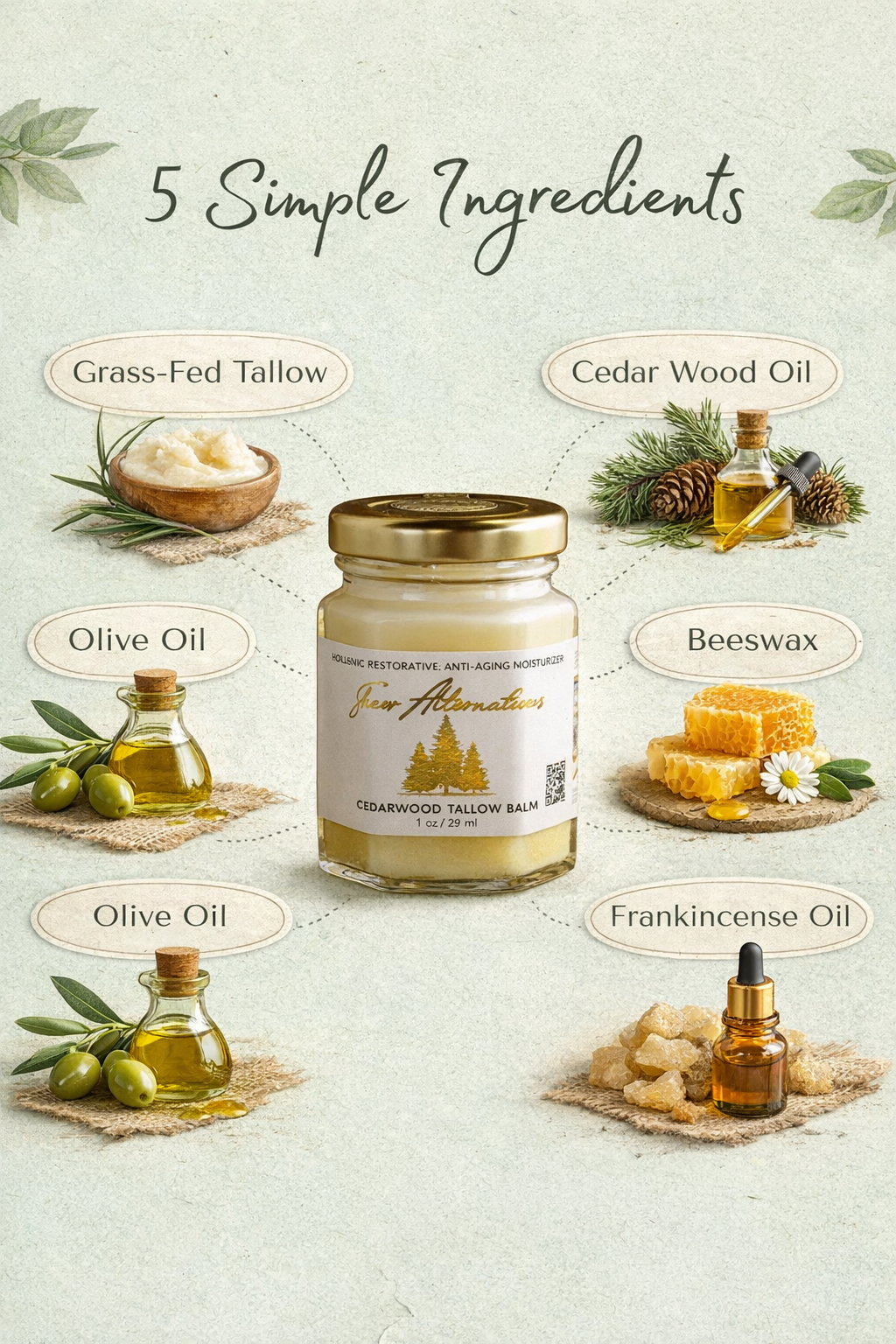 Sheer Alternatives Cedarwood Tallow Balm with five simple ingredients: tallow, cedarwood oil, olive oil, beeswax, and frankincense