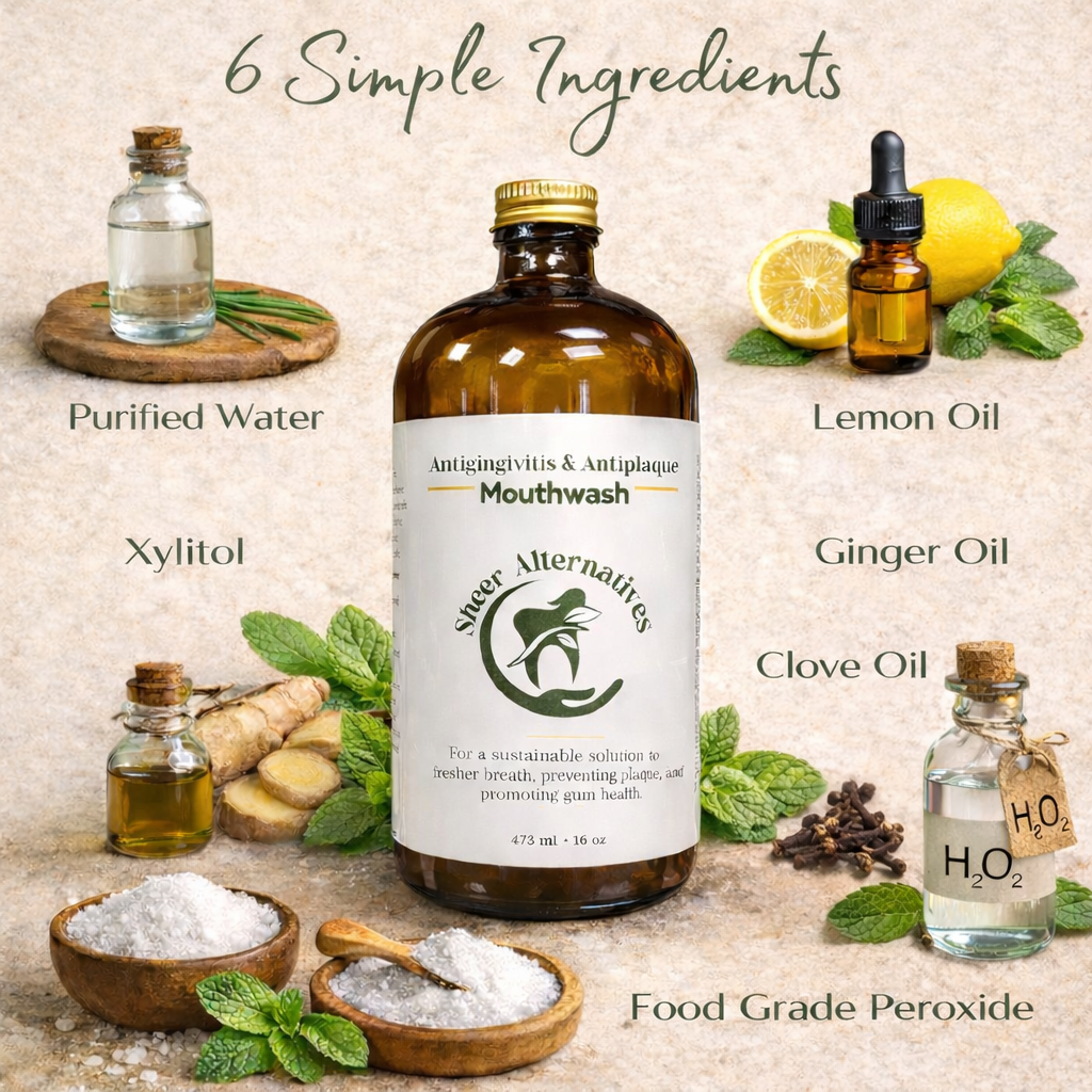 Sheer Alternatives mouthwash bottle with ingredients displayed on a rustic background