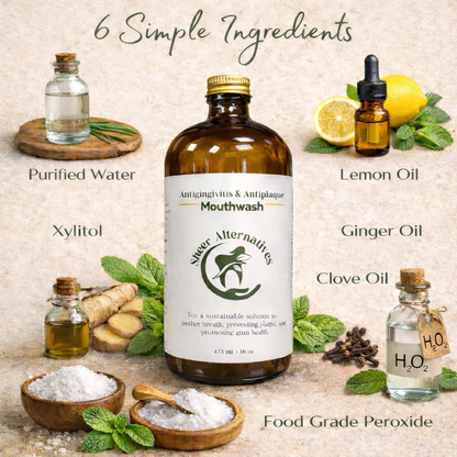 Sheer Alternatives mouthwash bottle with ingredients displayed on a rustic background