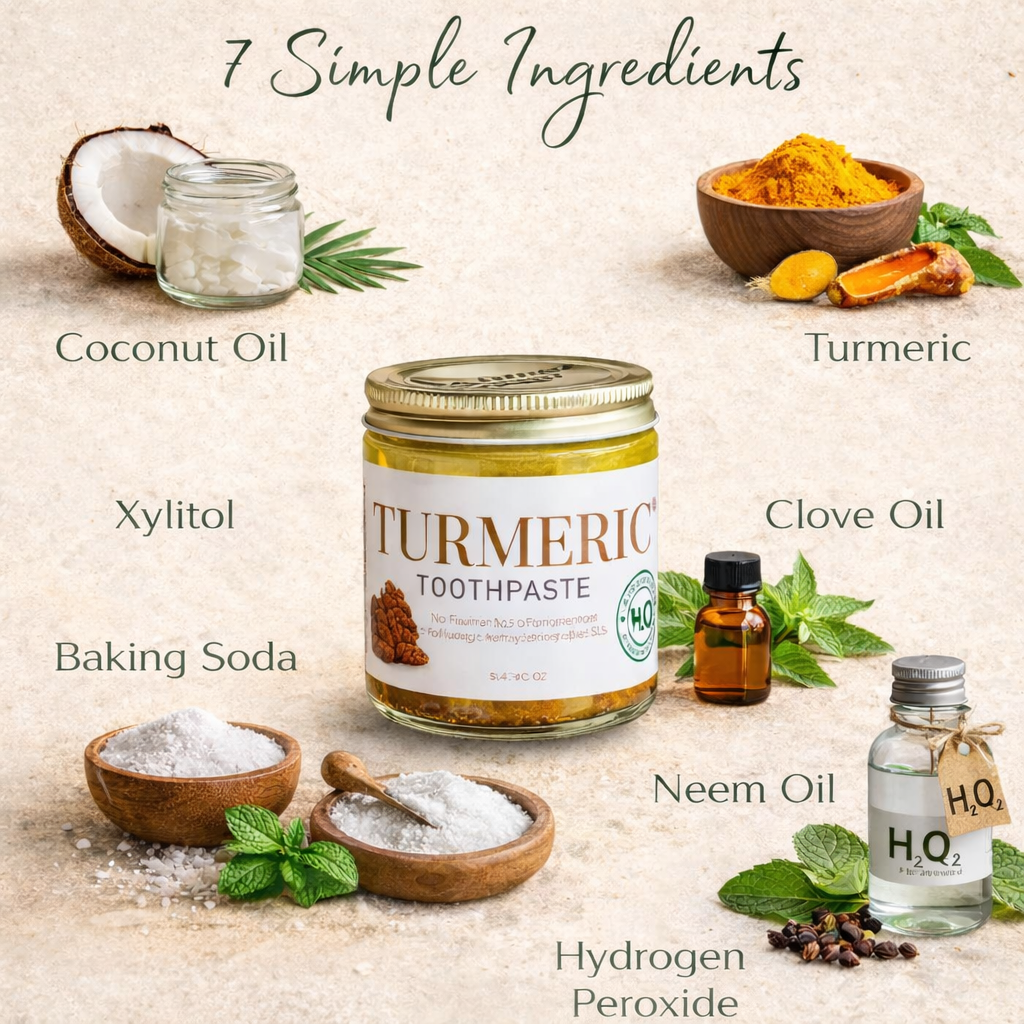 Turmeric toothpaste jar with ingredients listed on a light background