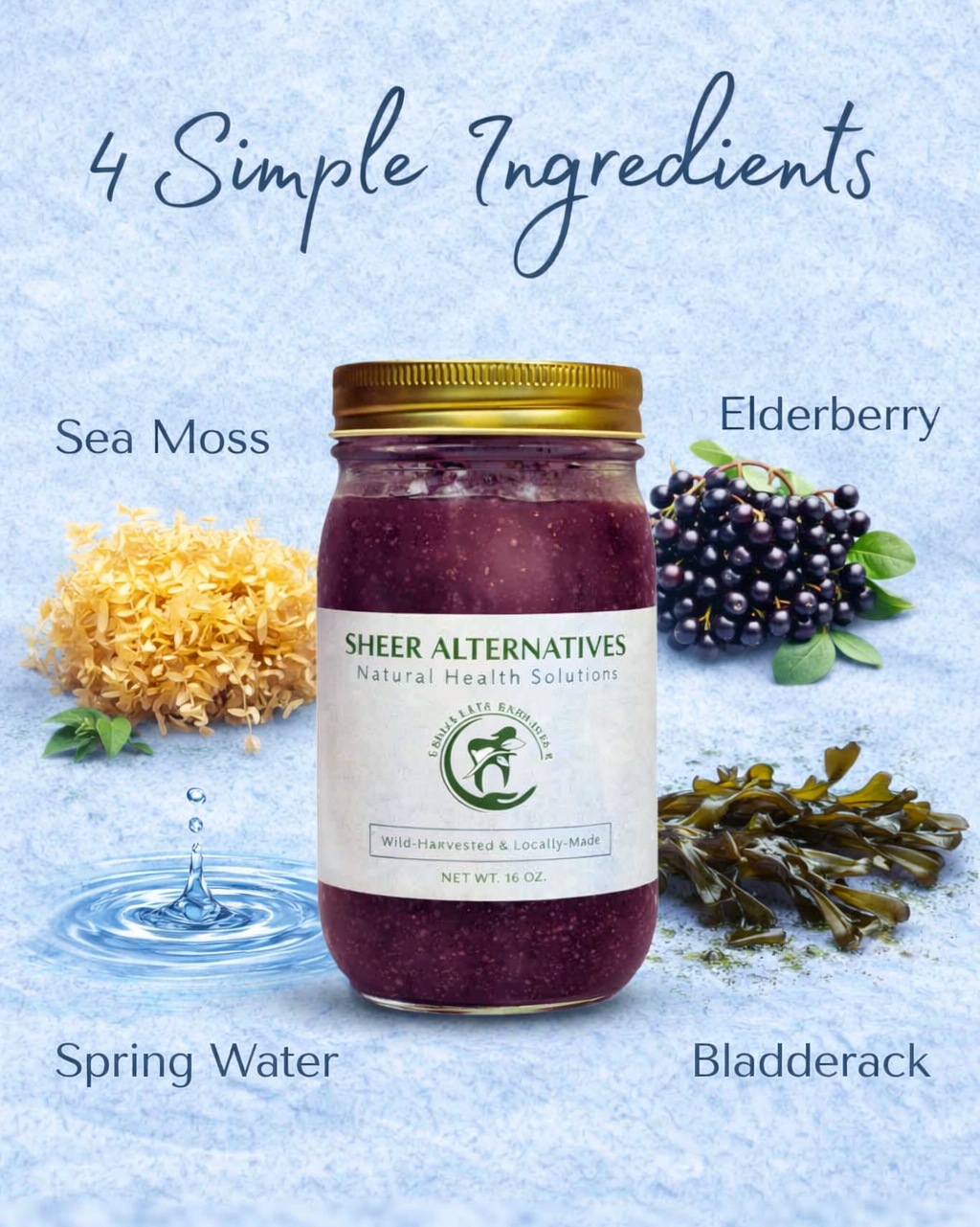 Sheer Alternatives jar with ingredients listed on a blue background