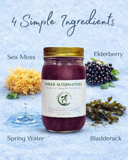 Sheer Alternatives jar with ingredients listed on a blue background