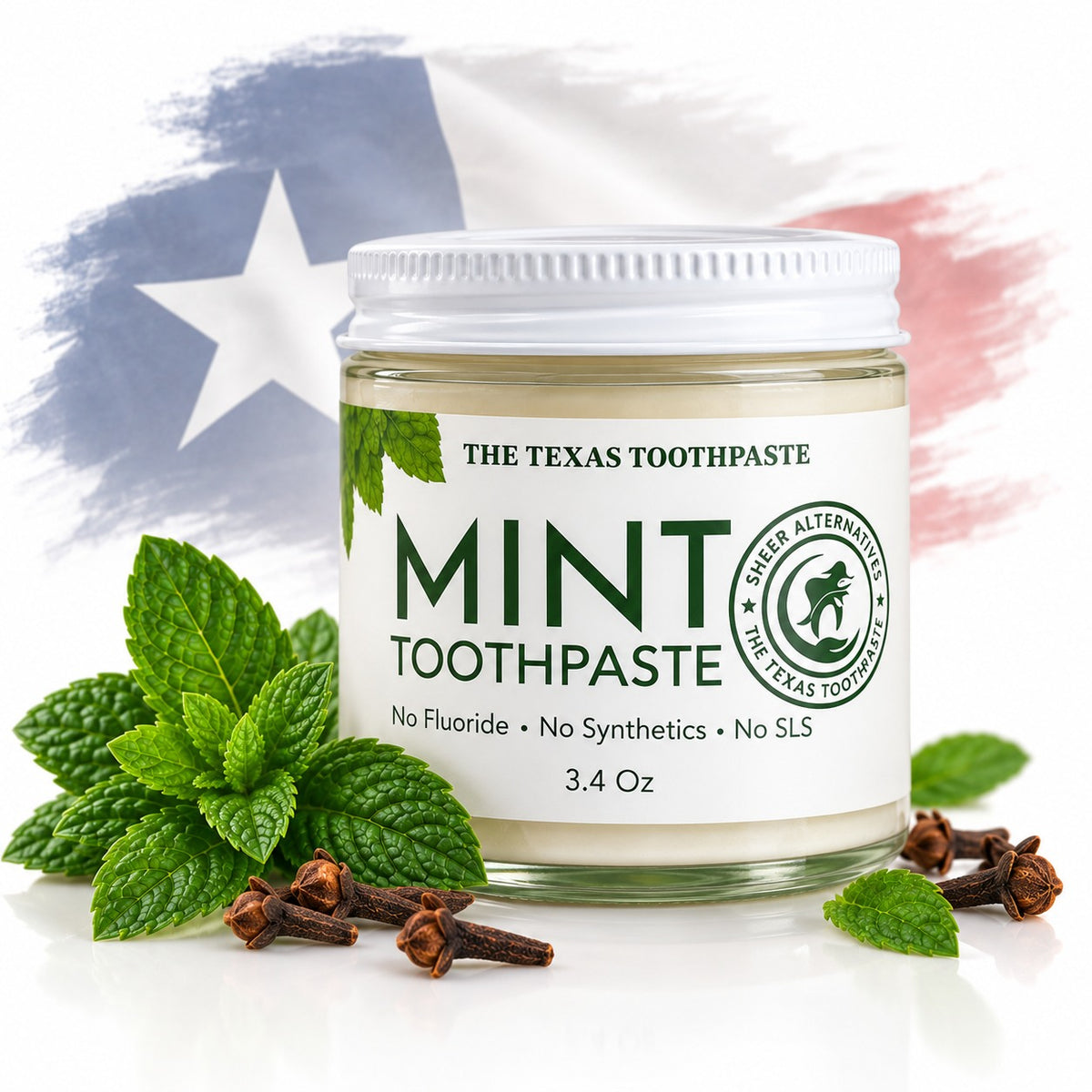 A jar of mint toothpaste centered in front of a Texas flag backdrop, surrounded by fresh mint leaves and cloves. The label reads 'THE TEXAS TOOTHPASTE MINT TOOTHPASTE' and 'The Texas Alternative Co.