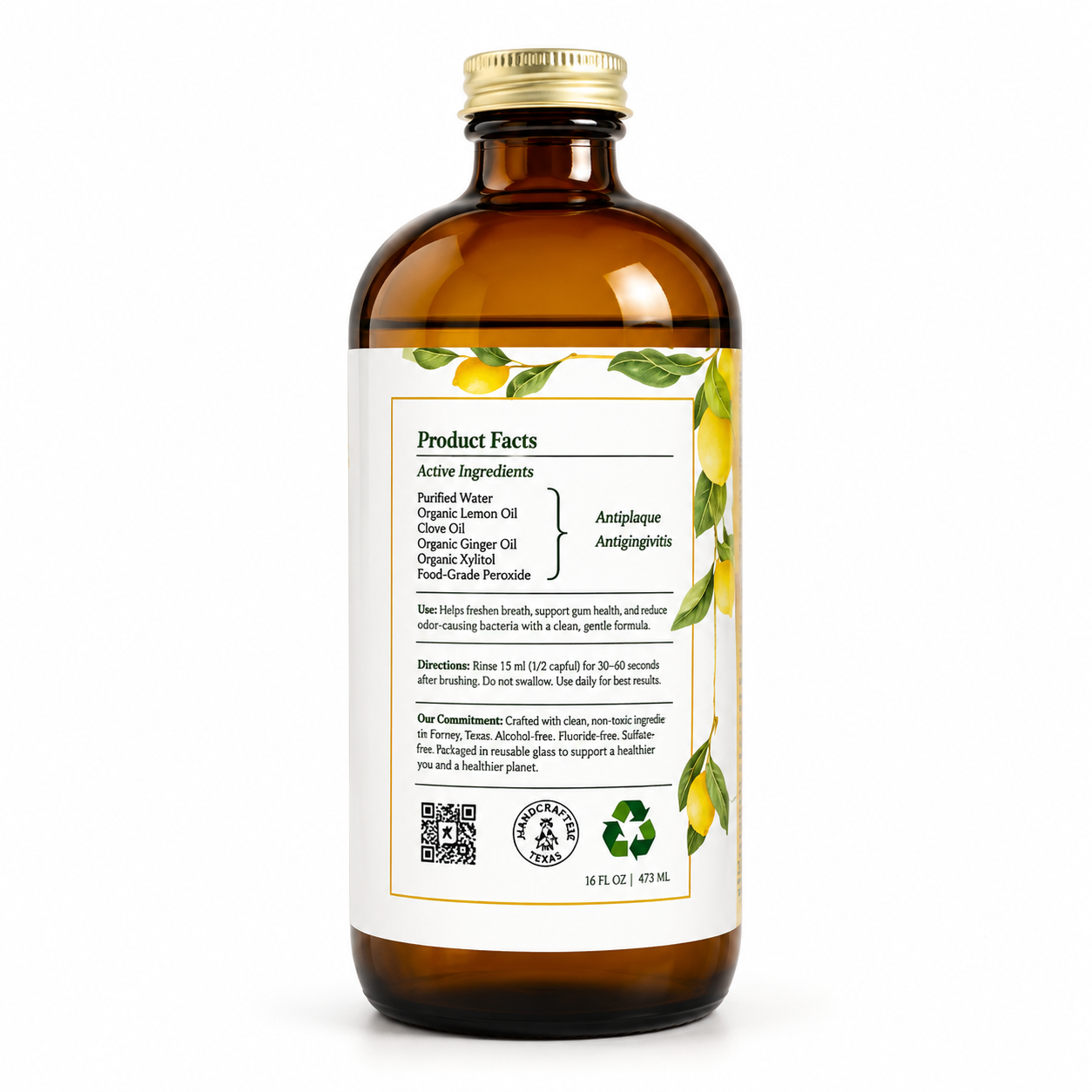 Bottle with a label showing product facts and ingredients on a white background