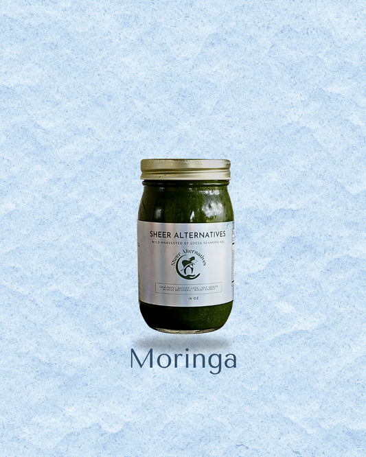 A glass jar of Sheer Alternatives Moringa herbal supplement with a gold lid and white label, centered on a light blue textured background with 'Moringa' text below.