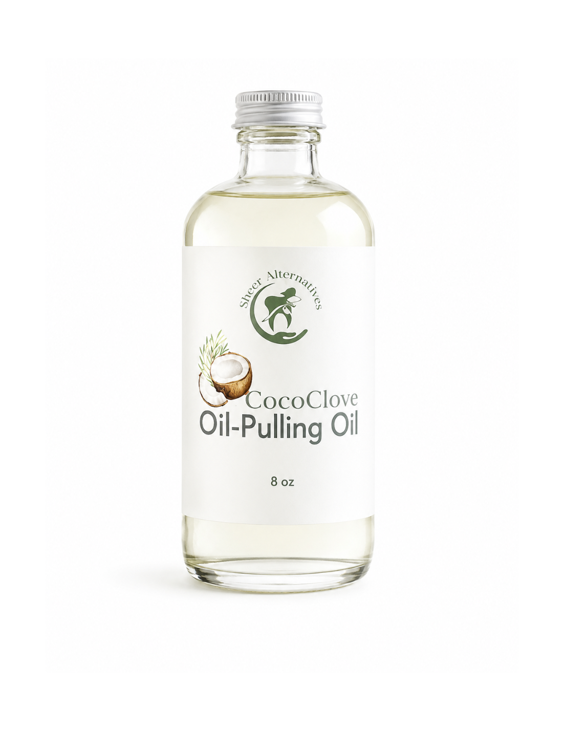 Bottle of CocoClove Oil-Pulling Oil on a white background