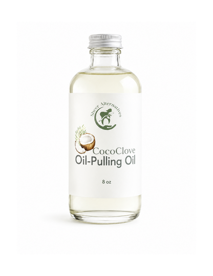 Bottle of CocoClove Oil-Pulling Oil on a white background