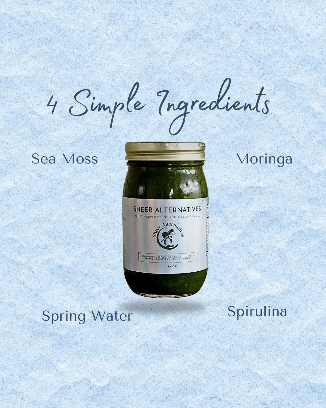 A jar of Sheer Alternatives Spirulina powder centered on a light blue textured background, with the text '4 Simple Ingredients' and labels 'Sea Moss', 'Moringa', 'Spring Water', and 'Spirulina' around it.