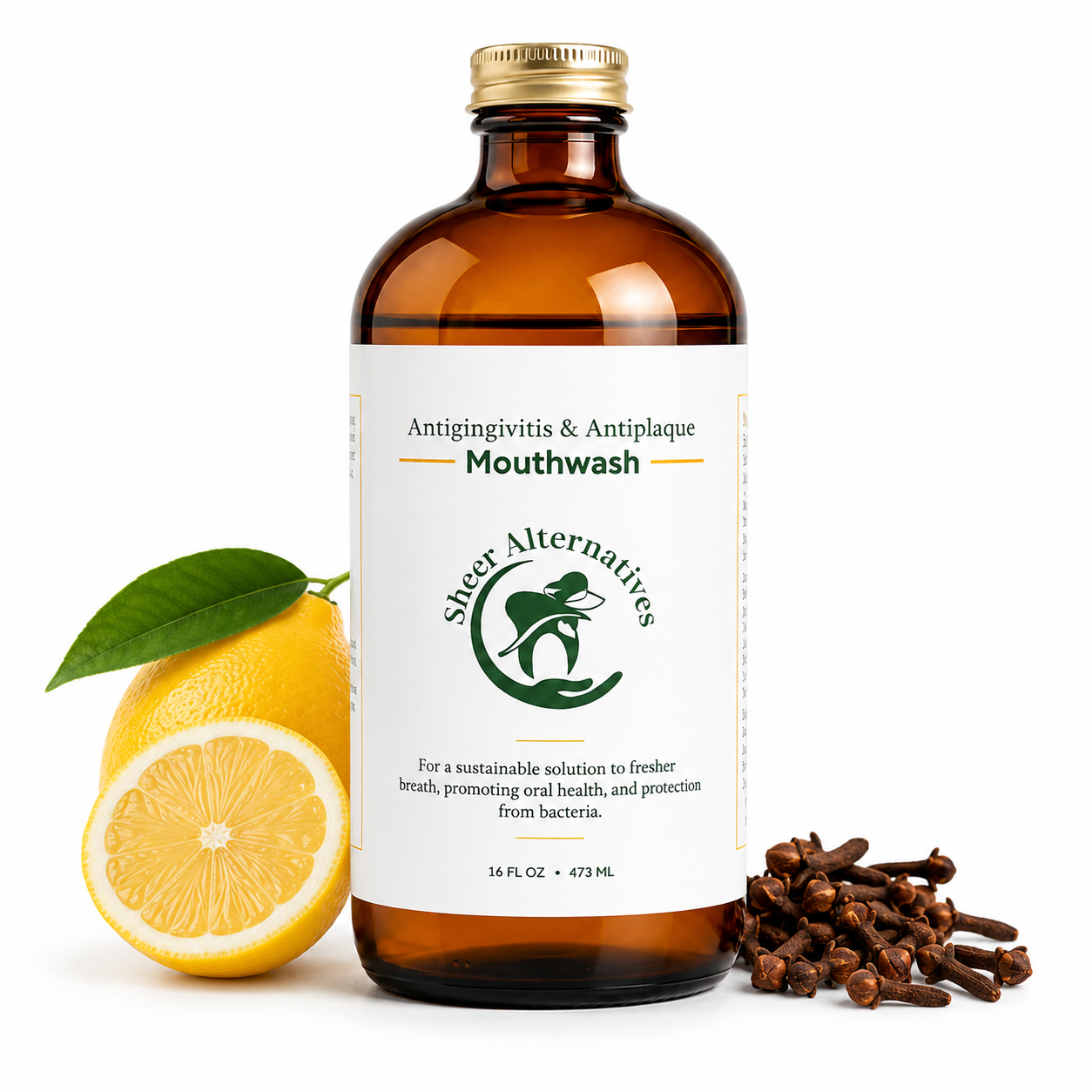 Sheer Alternatives mouthwash bottle with lemons and cloves on a white background