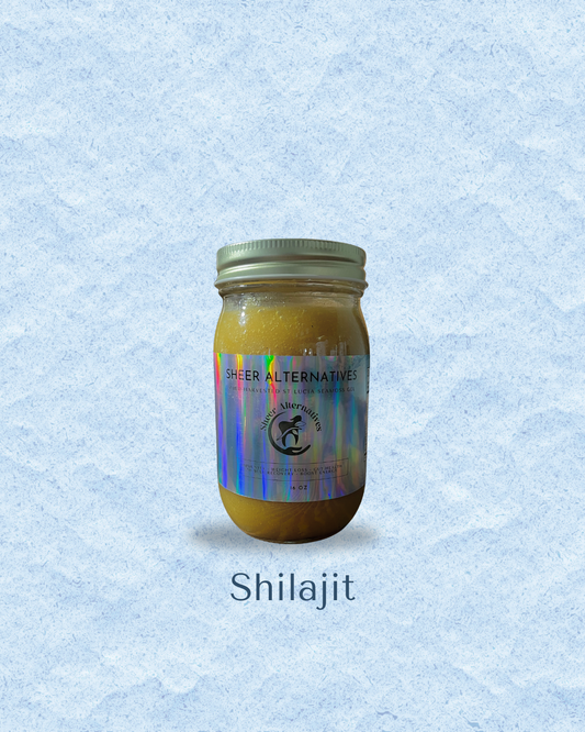 A glass jar filled with yellow-orange shilajit resin, featuring a holographic label and a silver metal lid, set against a textured light blue background with the text 'Shilajit' underneath.