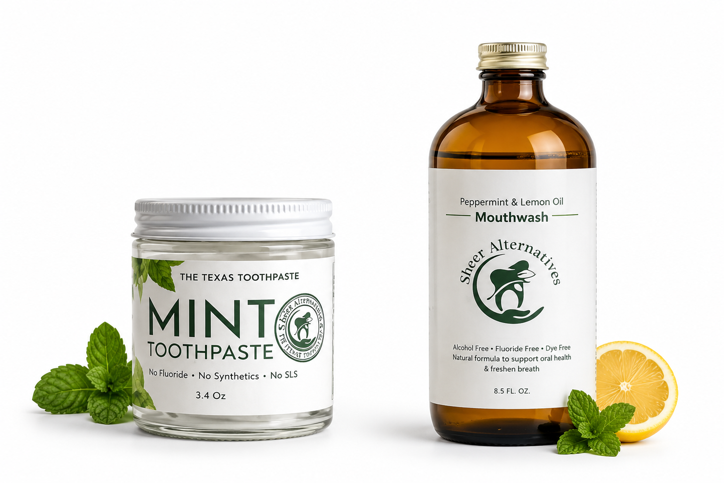 Two natural health products: a jar of 'The Texas Toothpaste' mint toothpaste and a bottle of 'Silver Alternatives' mouthwash on a white background.