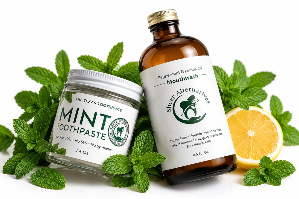 The Texas Toothpaste Mint paired with Lemon Oil Mouthwash in the Sheer Alternatives Oral Care Duo, fluoride-free toothpaste and alcohol-free mouthwash made in Texas.
