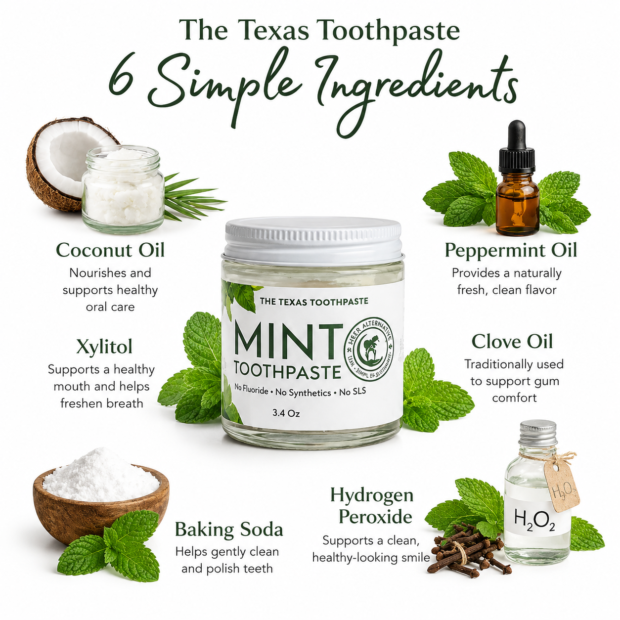Texas Toothpaste with ingredients listed on a white background