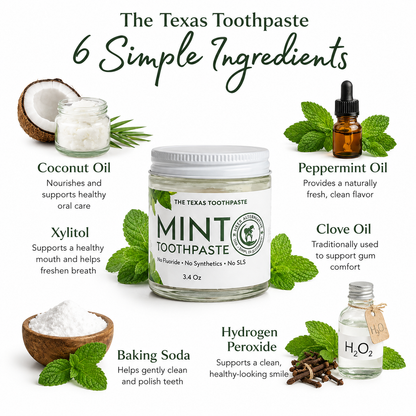 Texas Toothpaste with ingredients listed on a white background