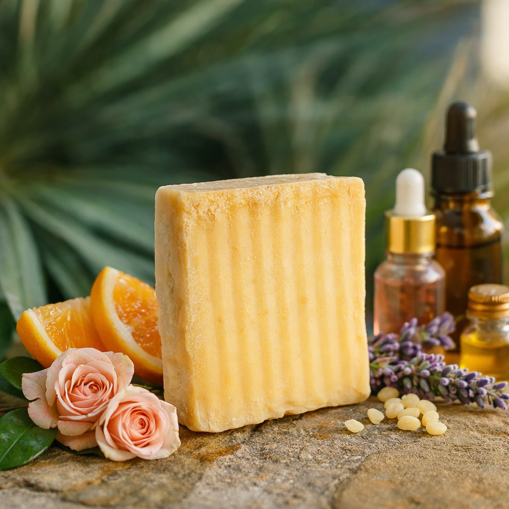 Bar of soap with orange slices, roses, and essential oil bottles on a stone surface with greenery in the background.