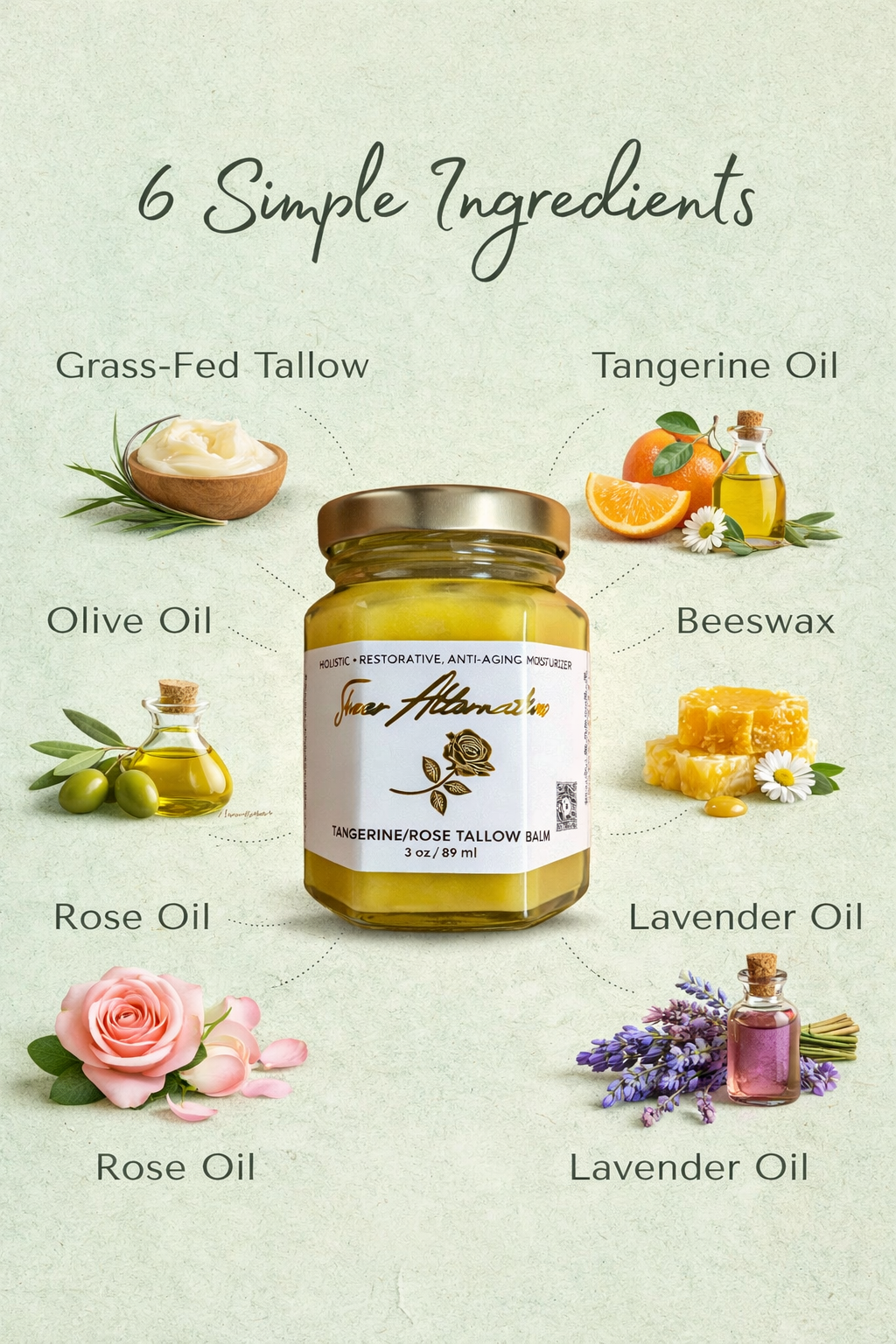 Tangerine Rose Tallow Balm shown with its six simple ingredients: grass-fed tallow, tangerine oil, olive oil, beeswax, rose oil, and lavender oil on a natural green background