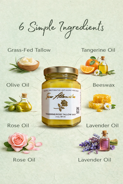 Tangerine Rose Tallow Balm shown with its six simple ingredients: grass-fed tallow, tangerine oil, olive oil, beeswax, rose oil, and lavender oil on a natural green background