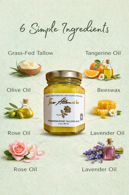 Tangerine Rose Tallow Balm shown with its six simple ingredients: grass-fed tallow, tangerine oil, olive oil, beeswax, rose oil, and lavender oil on a natural green background