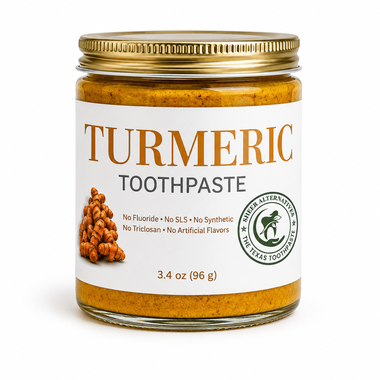 Jar of turmeric toothpaste with a white label on a white background