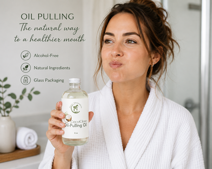 Woman holding a bottle of oil-pulling oil with text about its benefits.