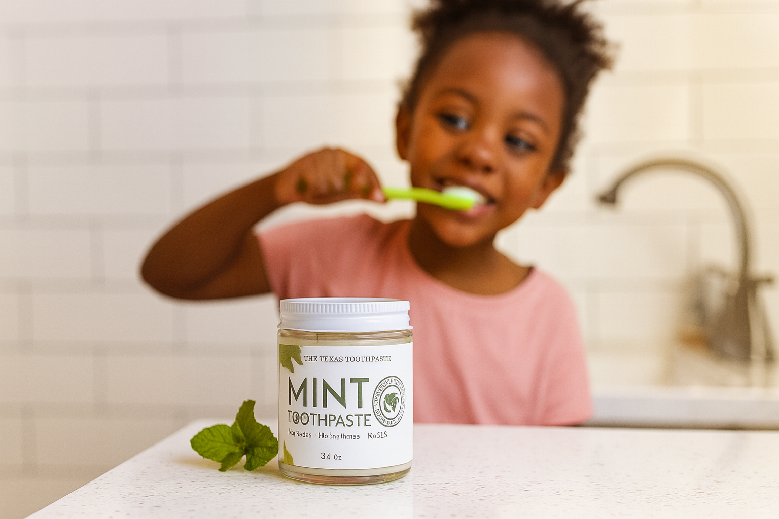 Child brushing teeth with a jar of mint toothpaste on a bathroom counter.