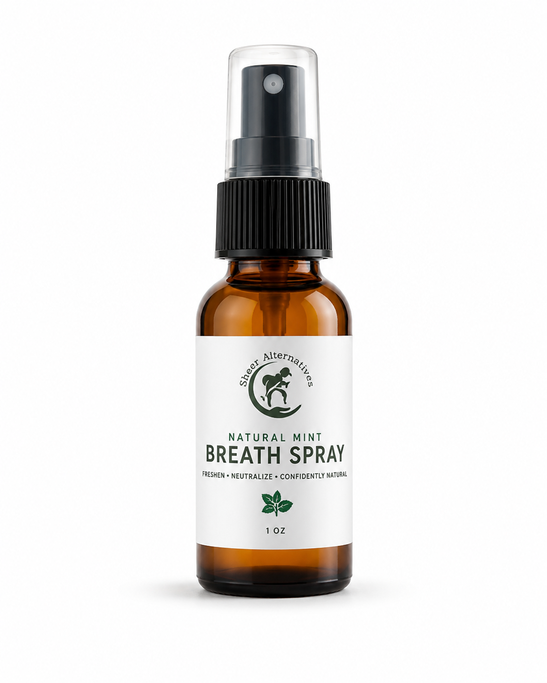 Brown spray bottle of natural mint breath spray on a white background