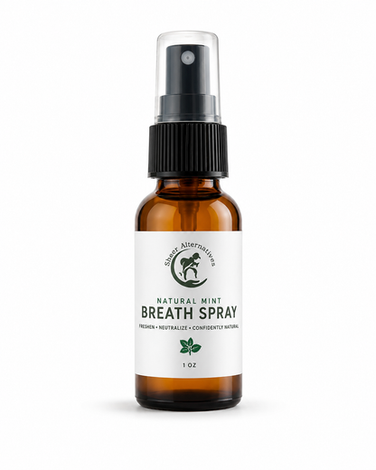 Brown spray bottle of natural mint breath spray on a white background
