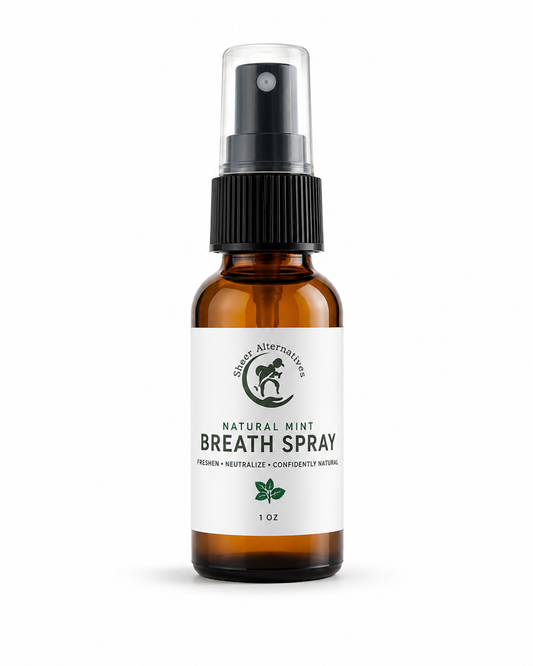 Brown spray bottle of natural mint breath spray on a white background
