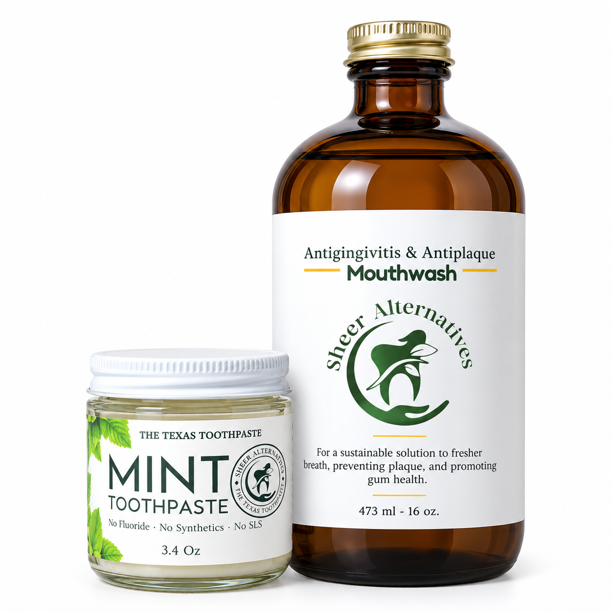 A bottle of Sheer Alternatives Antigivitis & Antiplaque Mouthwash next to a jar of The Texas Toothpaste Mint Toothpaste on a white background.