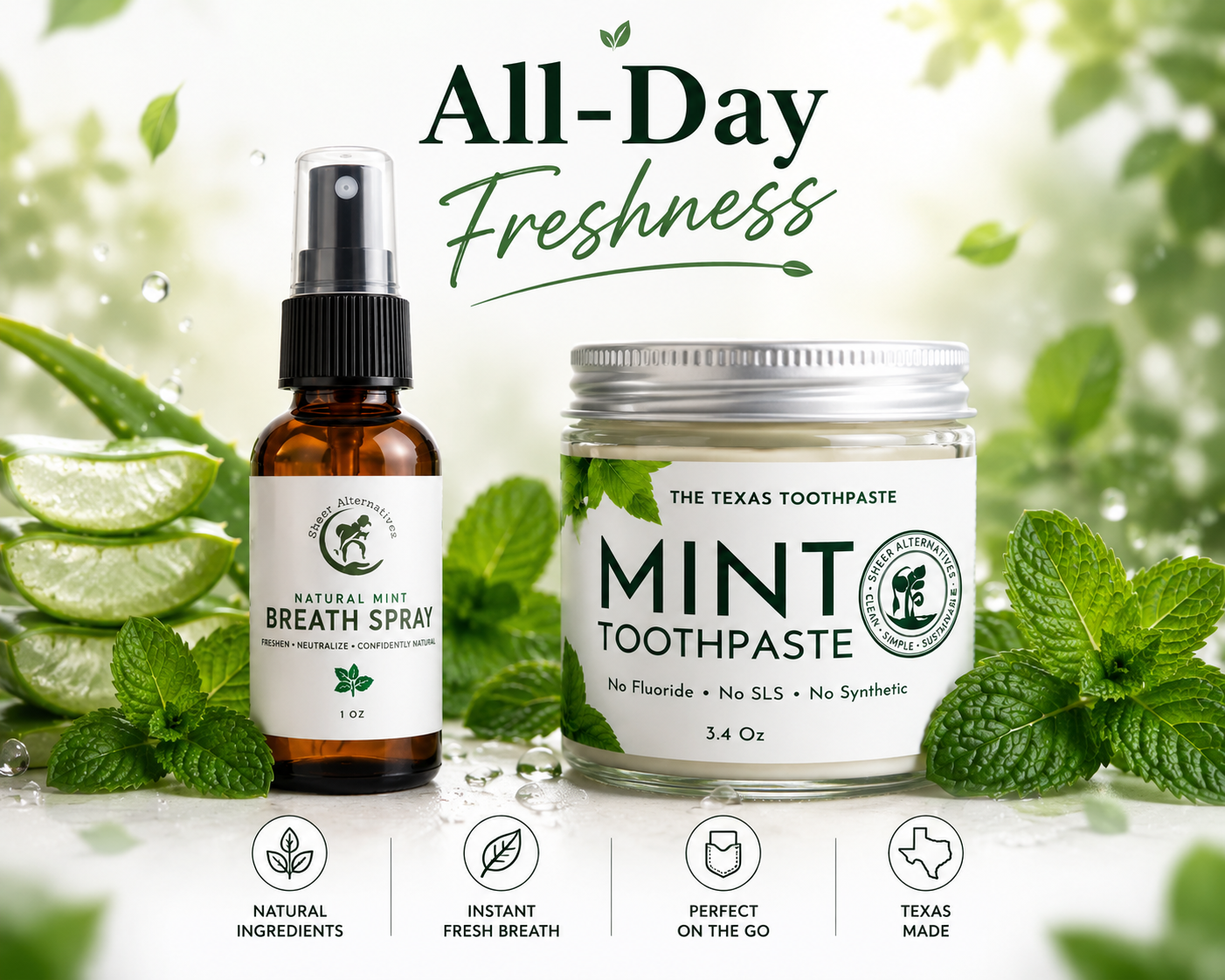 Breath spray and toothpaste with mint leaves on a light background