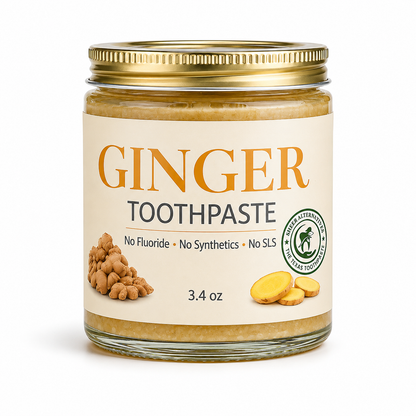 Jar of ginger toothpaste with a gold lid on a white background