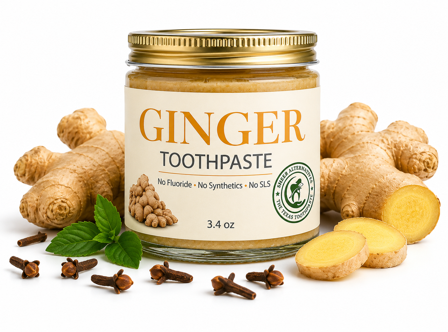 Jar of ginger toothpaste with ginger root and cloves on a white background