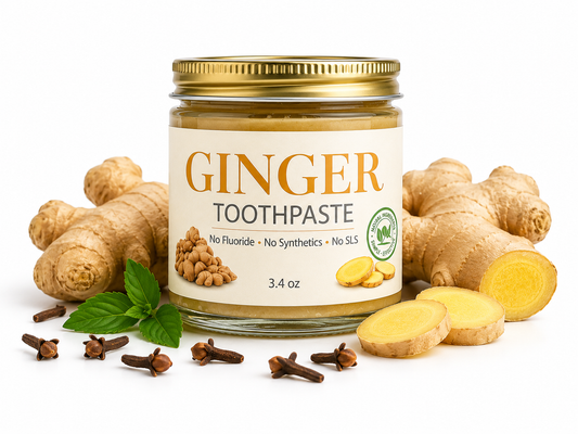 Jar of ginger toothpaste with ginger root and cloves on a white background