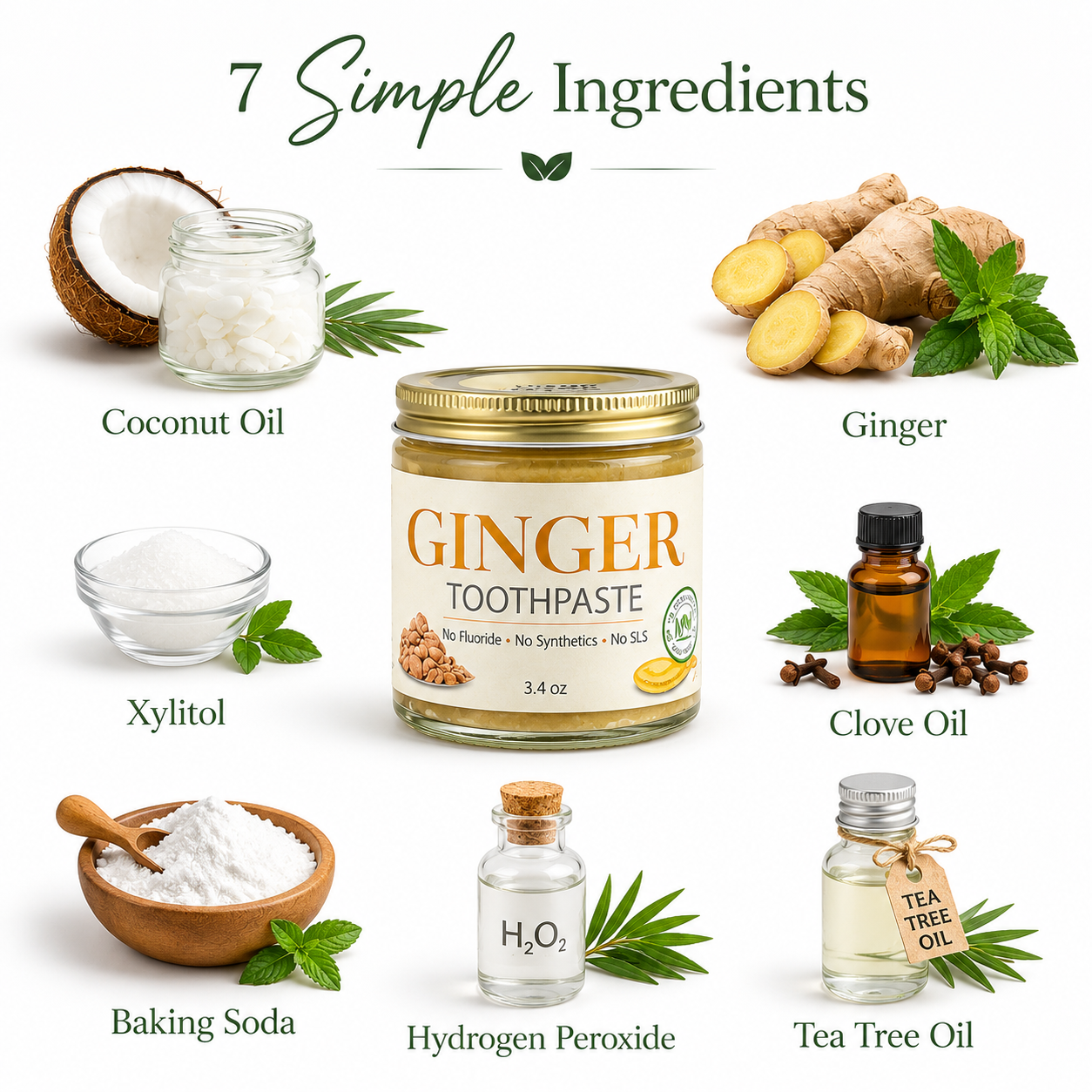 Ingredients used in ginger toothpaste displayed with labels on a white background