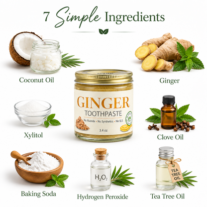 Ingredients used in ginger toothpaste displayed with labels on a white background