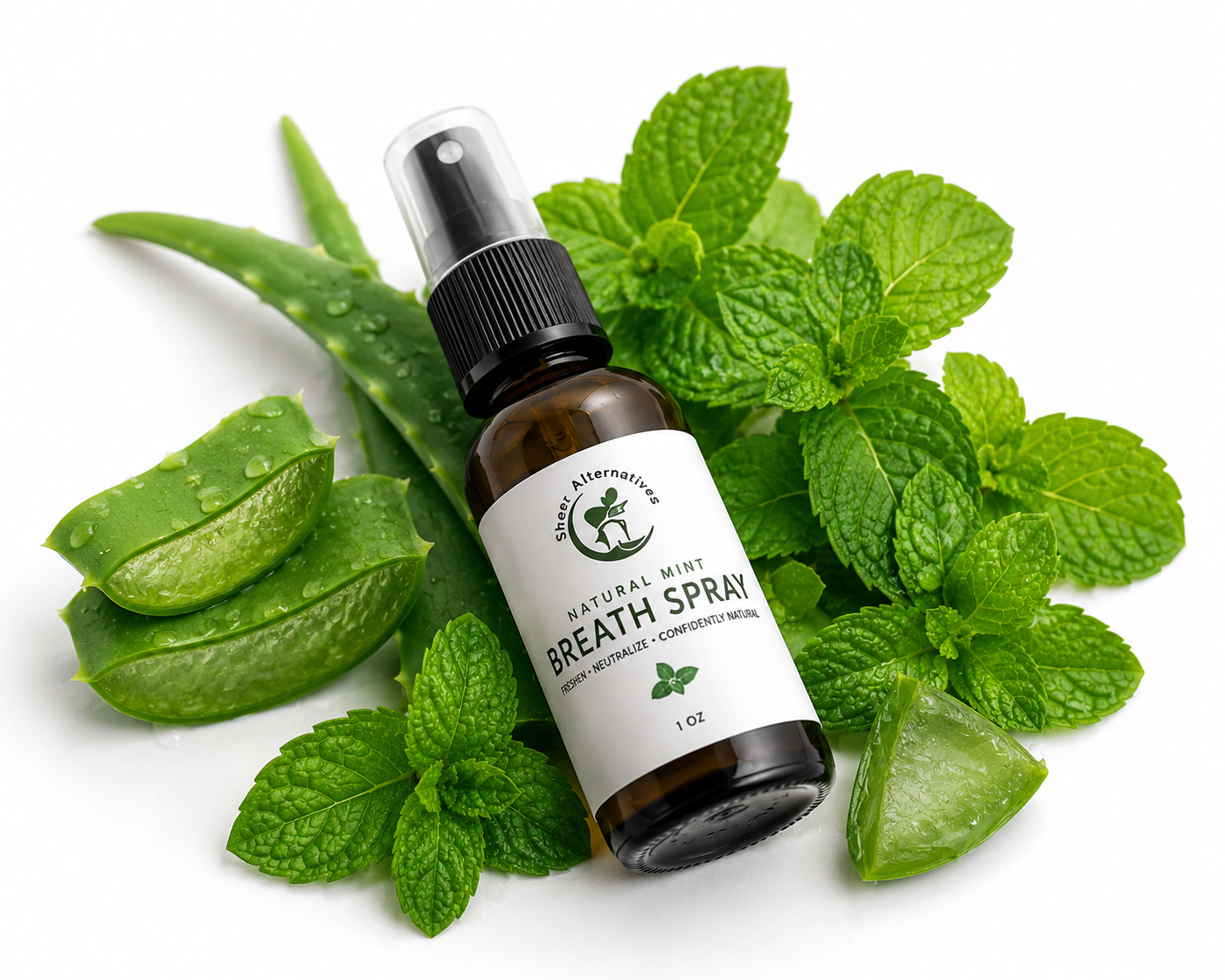 Bottle of natural mint breath spray surrounded by mint leaves and aloe vera on a white background