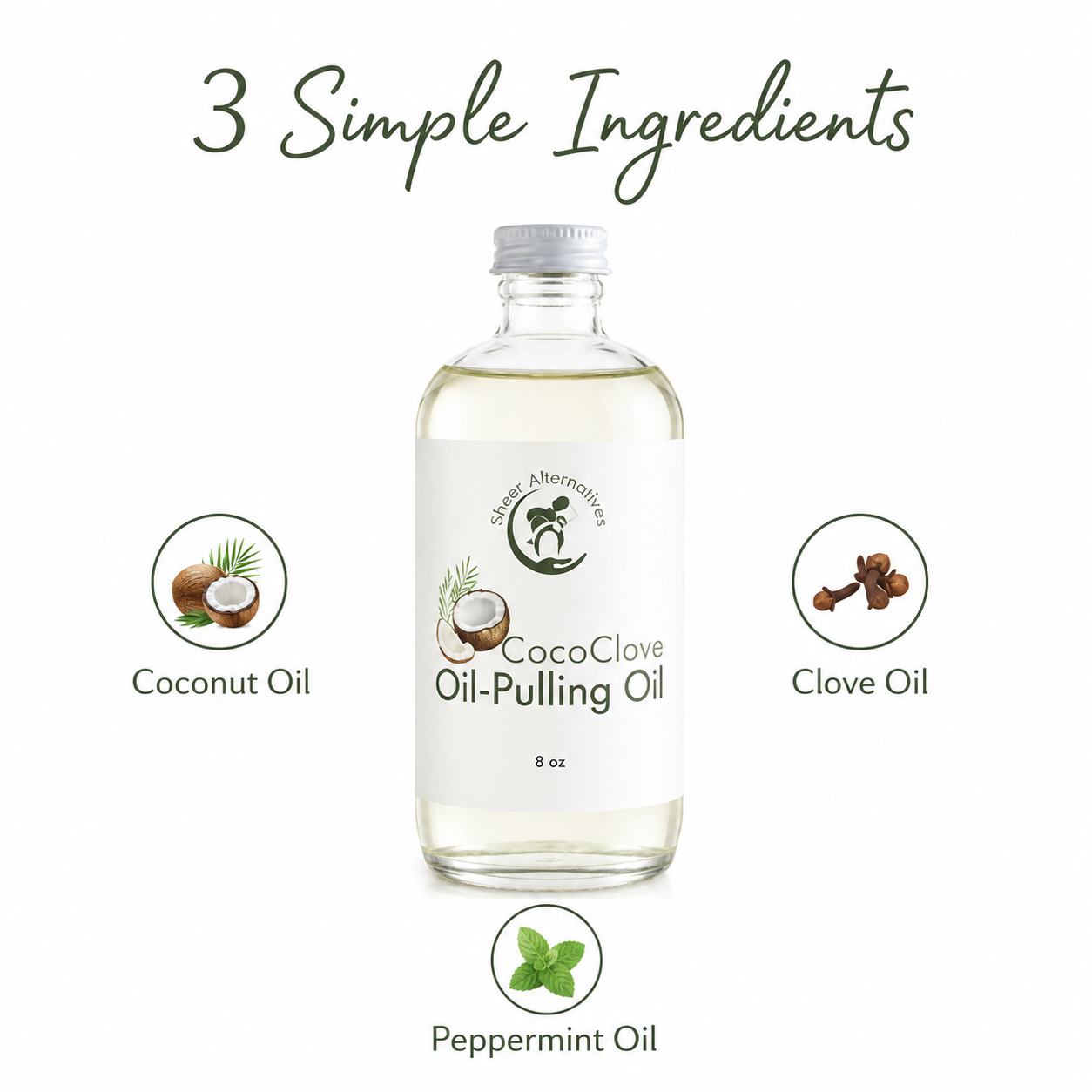 Bottle of CocoClove Oil-Pulling Oil with ingredients listed on a white background