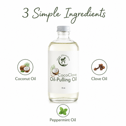 Bottle of CocoClove Oil-Pulling Oil with ingredients listed on a white background