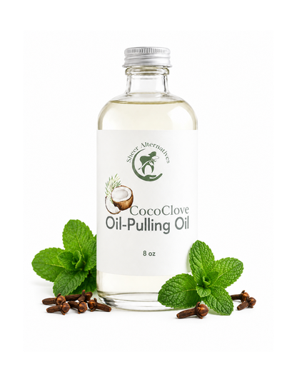 CocoClove Oil-Pulling Oil bottle with mint leaves and cloves on a white background