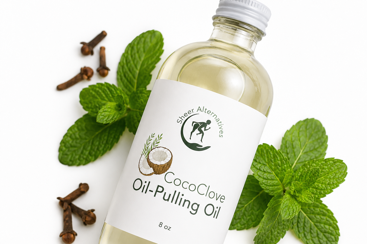Bottle of CocoClove Oil-Pulling Oil with mint leaves and cloves on a white background