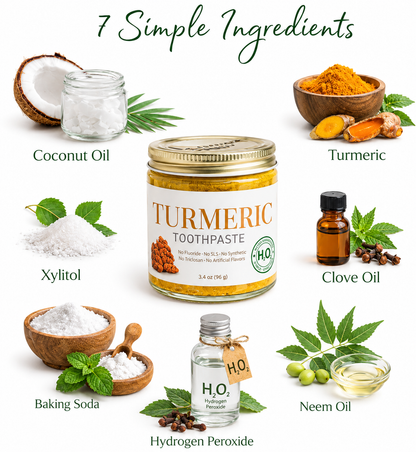 Turmeric toothpaste with ingredients displayed on a white background
