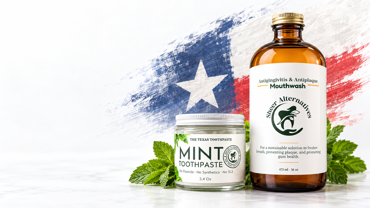 The Texas Toothpaste and Sheer Alternatives mouthwash with a brushed Texas flag background