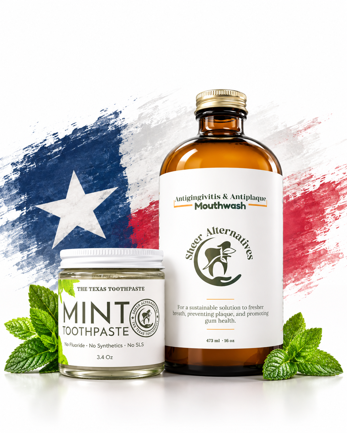 The Texas Toothpaste and Sheer Alternatives mouthwash with a brushed Texas flag background, mobile hero