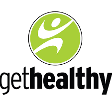Logo with a green circle featuring a stylized figure and the text 'get healthy' on a white background.